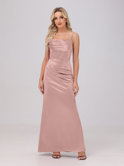 Spaghetti Straps Ruched Floor Length Stretch Satin Bridesmaid Dresses