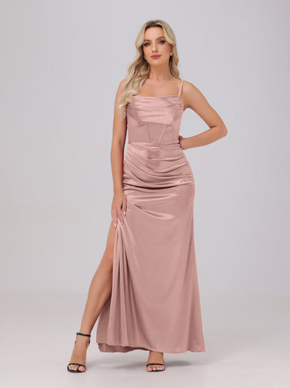 Spaghetti Straps Ruched Floor Length Stretch Satin Bridesmaid Dresses