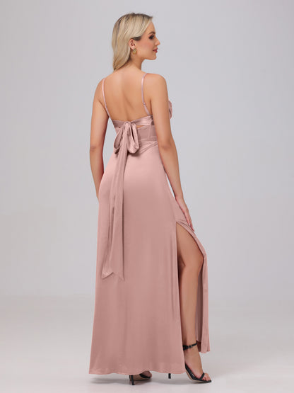 Spaghetti Straps Ruched Floor Length Stretch Satin Bridesmaid Dresses