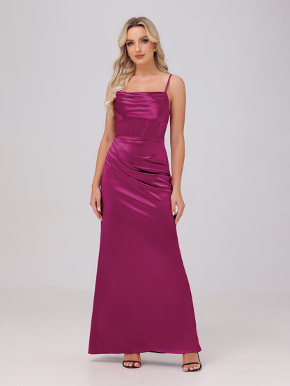Spaghetti Straps Ruched Floor Length Stretch Satin Bridesmaid Dresses