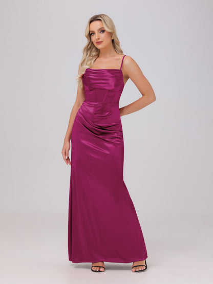 Spaghetti Straps Ruched Floor Length Stretch Satin Bridesmaid Dresses