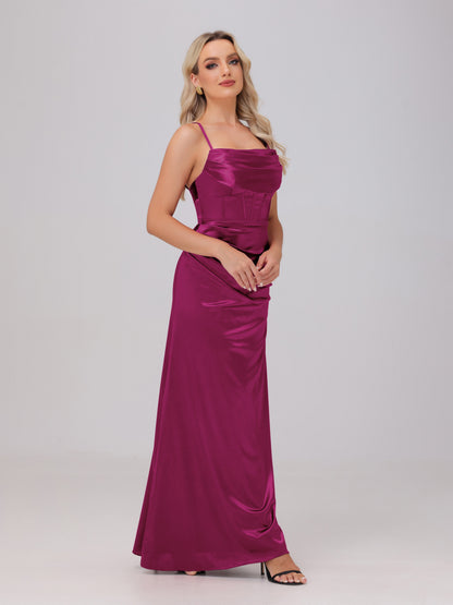Spaghetti Straps Ruched Floor Length Stretch Satin Bridesmaid Dresses