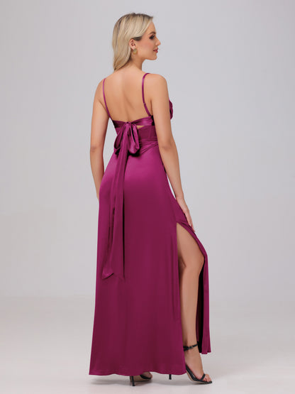 Spaghetti Straps Ruched Floor Length Stretch Satin Bridesmaid Dresses