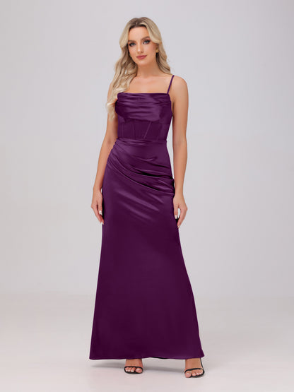 Spaghetti Straps Ruched Floor Length Stretch Satin Bridesmaid Dresses