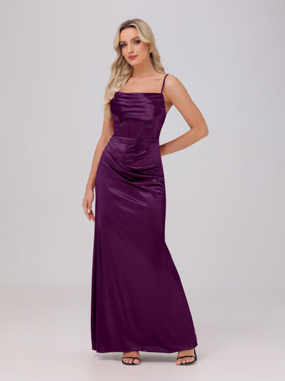 Spaghetti Straps Ruched Floor Length Stretch Satin Bridesmaid Dresses