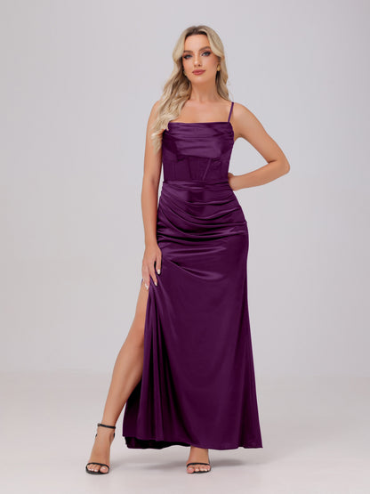 Spaghetti Straps Ruched Floor Length Stretch Satin Bridesmaid Dresses