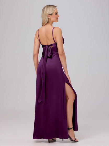 Spaghetti Straps Ruched Floor Length Stretch Satin Bridesmaid Dresses