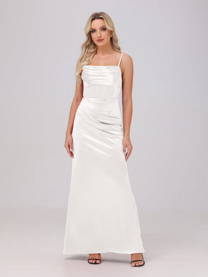 Spaghetti Straps Ruched Floor Length Stretch Satin Bridesmaid Dresses