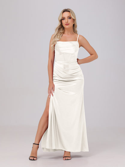 Spaghetti Straps Ruched Floor Length Stretch Satin Bridesmaid Dresses