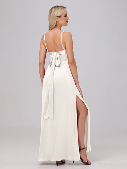 Spaghetti Straps Ruched Floor Length Stretch Satin Bridesmaid Dresses
