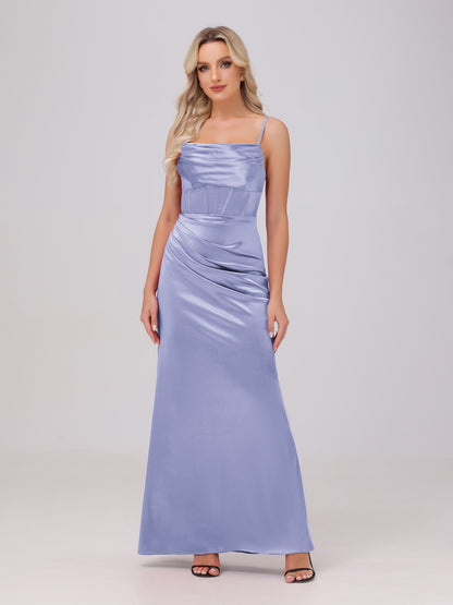 Spaghetti Straps Ruched Floor Length Stretch Satin Bridesmaid Dresses
