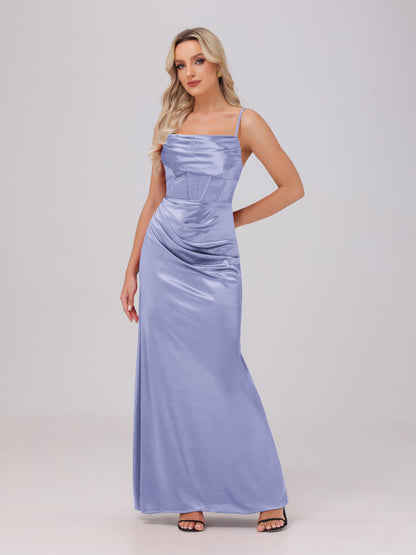 Spaghetti Straps Ruched Floor Length Stretch Satin Bridesmaid Dresses