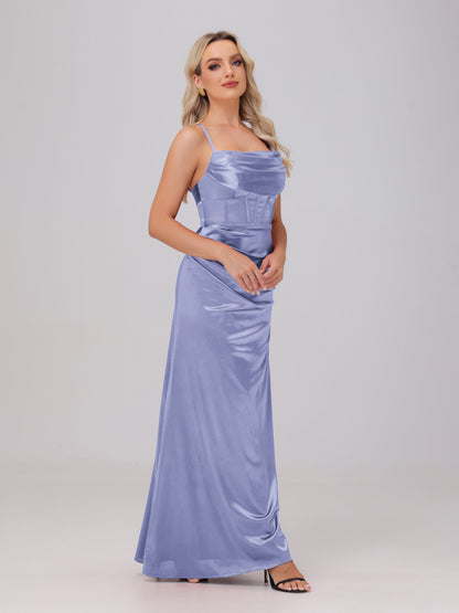 Spaghetti Straps Ruched Floor Length Stretch Satin Bridesmaid Dresses