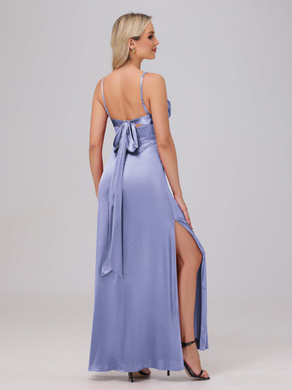 Spaghetti Straps Ruched Floor Length Stretch Satin Bridesmaid Dresses