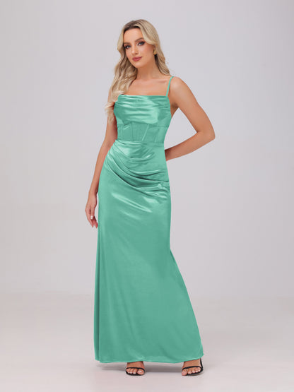 Spaghetti Straps Ruched Floor Length Stretch Satin Bridesmaid Dresses