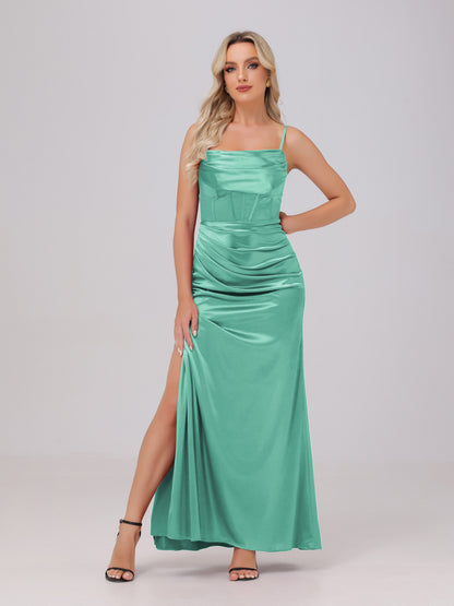 Spaghetti Straps Ruched Floor Length Stretch Satin Bridesmaid Dresses