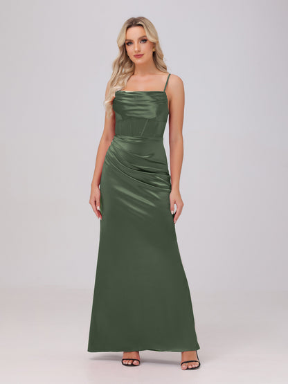 Spaghetti Straps Ruched Floor Length Stretch Satin Bridesmaid Dresses