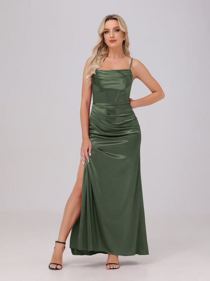 Spaghetti Straps Ruched Floor Length Stretch Satin Bridesmaid Dresses