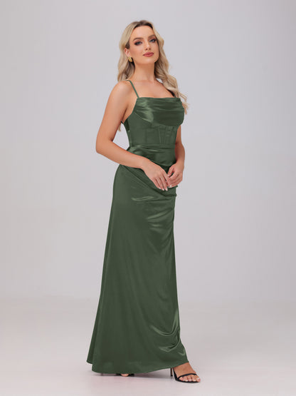 Spaghetti Straps Ruched Floor Length Stretch Satin Bridesmaid Dresses