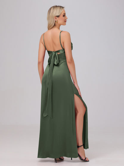 Spaghetti Straps Ruched Floor Length Stretch Satin Bridesmaid Dresses