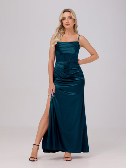 Spaghetti Straps Ruched Floor Length Stretch Satin Bridesmaid Dresses
