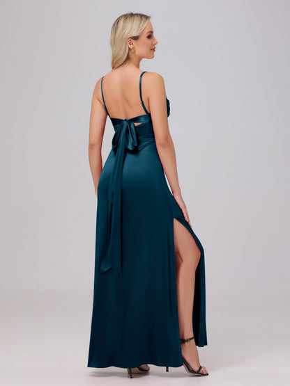 Spaghetti Straps Ruched Floor Length Stretch Satin Bridesmaid Dresses