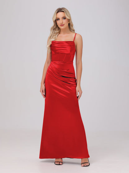 Spaghetti Straps Ruched Floor Length Stretch Satin Bridesmaid Dresses