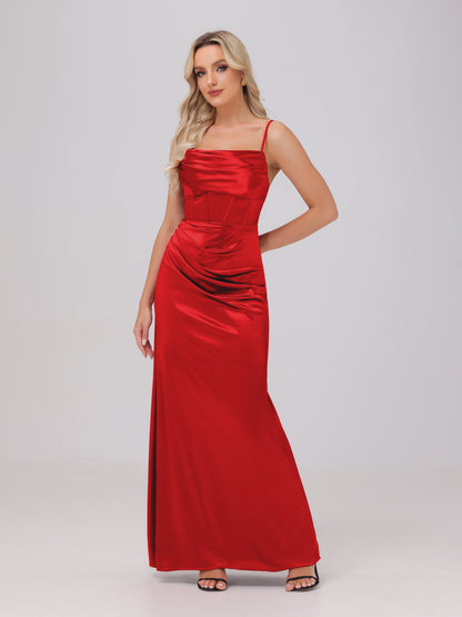 Spaghetti Straps Ruched Floor Length Stretch Satin Bridesmaid Dresses