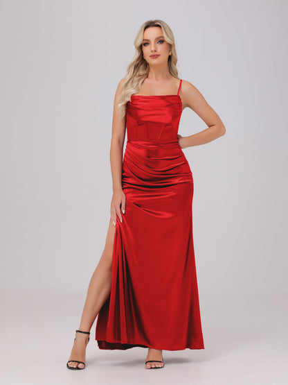 Spaghetti Straps Ruched Floor Length Stretch Satin Bridesmaid Dresses