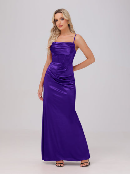 Spaghetti Straps Ruched Floor Length Stretch Satin Bridesmaid Dresses