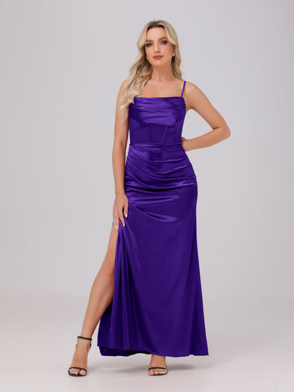 Spaghetti Straps Ruched Floor Length Stretch Satin Bridesmaid Dresses