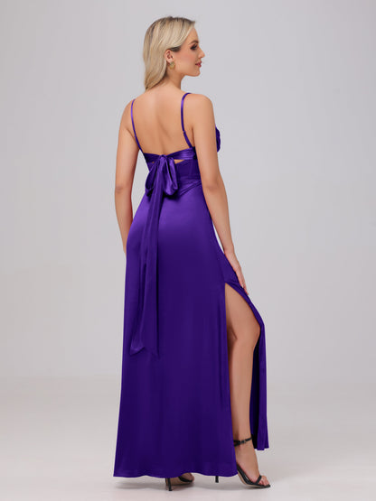 Spaghetti Straps Ruched Floor Length Stretch Satin Bridesmaid Dresses