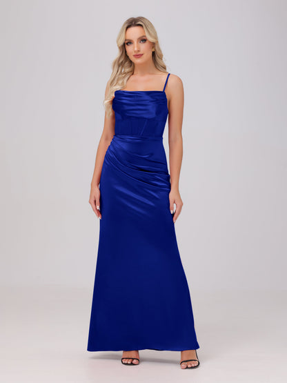 Spaghetti Straps Ruched Floor Length Stretch Satin Bridesmaid Dresses