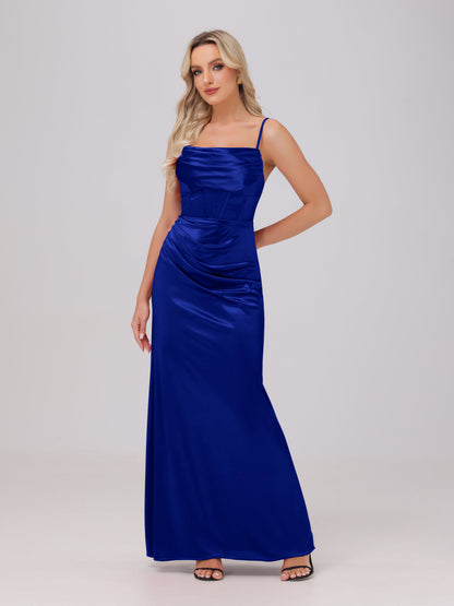 Spaghetti Straps Ruched Floor Length Stretch Satin Bridesmaid Dresses