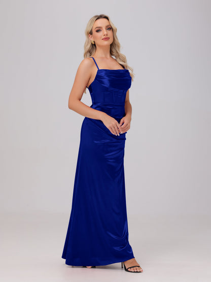 Spaghetti Straps Ruched Floor Length Stretch Satin Bridesmaid Dresses