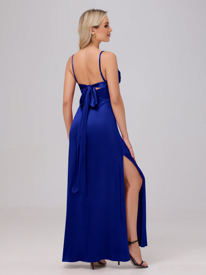Spaghetti Straps Ruched Floor Length Stretch Satin Bridesmaid Dresses