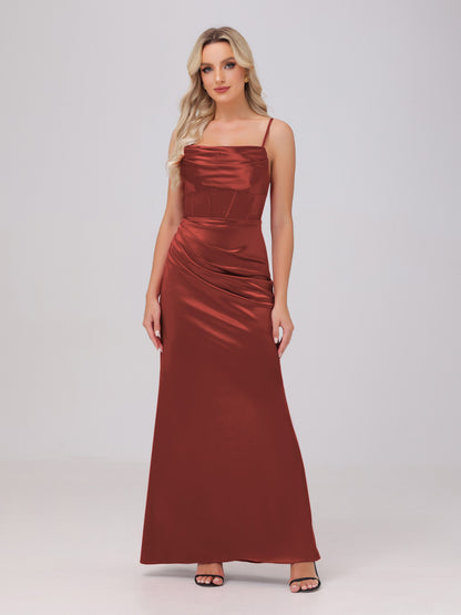 Spaghetti Straps Ruched Floor Length Stretch Satin Bridesmaid Dresses