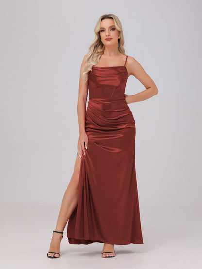 Spaghetti Straps Ruched Floor Length Stretch Satin Bridesmaid Dresses