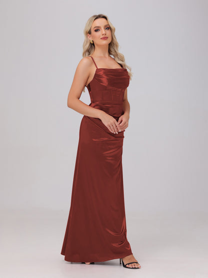 Spaghetti Straps Ruched Floor Length Stretch Satin Bridesmaid Dresses