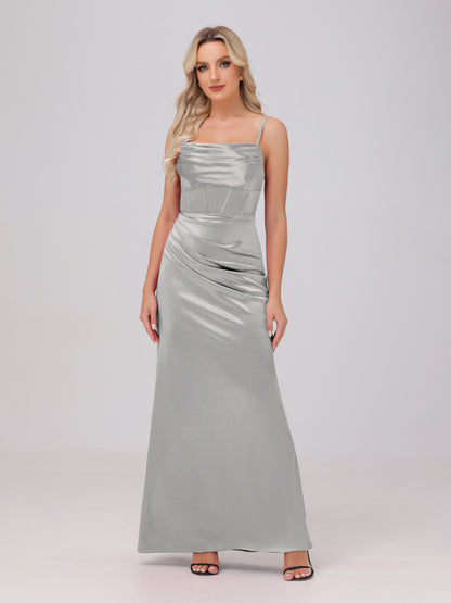 Spaghetti Straps Ruched Floor Length Stretch Satin Bridesmaid Dresses