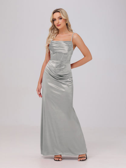 Spaghetti Straps Ruched Floor Length Stretch Satin Bridesmaid Dresses