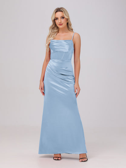 Spaghetti Straps Ruched Floor Length Stretch Satin Bridesmaid Dresses