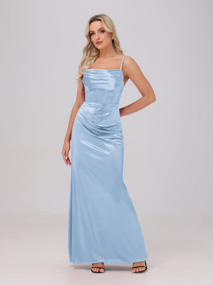 Spaghetti Straps Ruched Floor Length Stretch Satin Bridesmaid Dresses