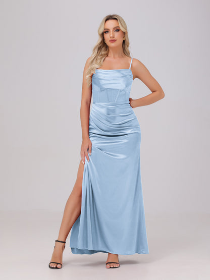 Spaghetti Straps Ruched Floor Length Stretch Satin Bridesmaid Dresses