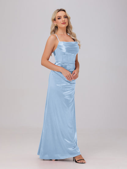 Spaghetti Straps Ruched Floor Length Stretch Satin Bridesmaid Dresses