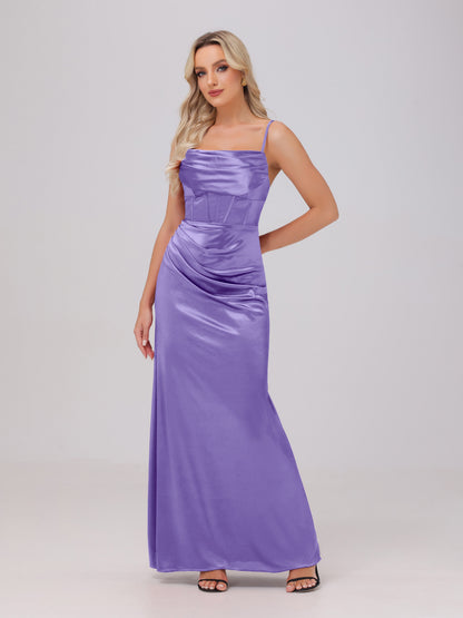 Spaghetti Straps Ruched Floor Length Stretch Satin Bridesmaid Dresses