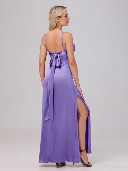 Spaghetti Straps Ruched Floor Length Stretch Satin Bridesmaid Dresses