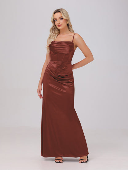 Spaghetti Straps Ruched Floor Length Stretch Satin Bridesmaid Dresses