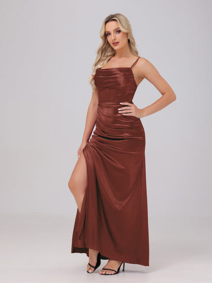 Spaghetti Straps Ruched Floor Length Stretch Satin Bridesmaid Dresses