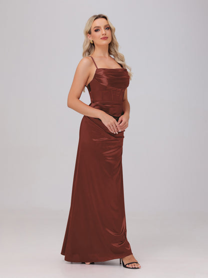 Spaghetti Straps Ruched Floor Length Stretch Satin Bridesmaid Dresses
